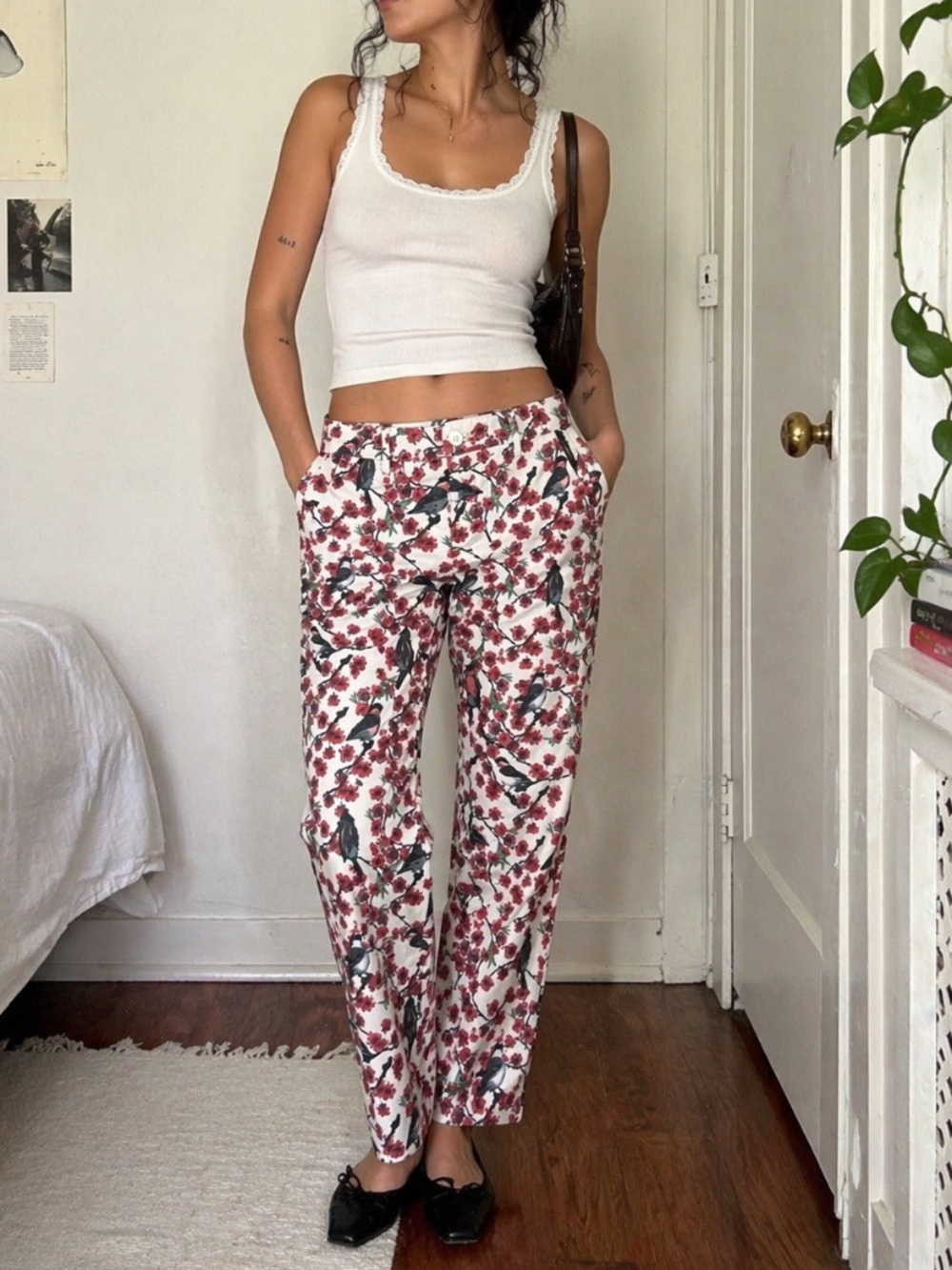Desigual Floral Bird Print Ankle Pants Slim Fit Cherry Blossom Trousers S